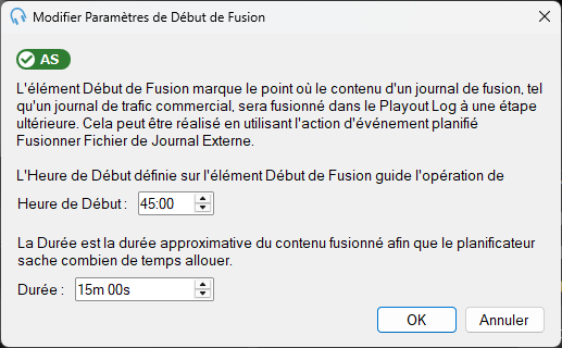 Fenêtre « Modifier Paramètres de Début de Fusion »