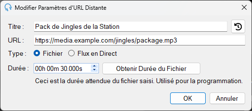 Fenêtre Modifier les paramètres d'URL distante