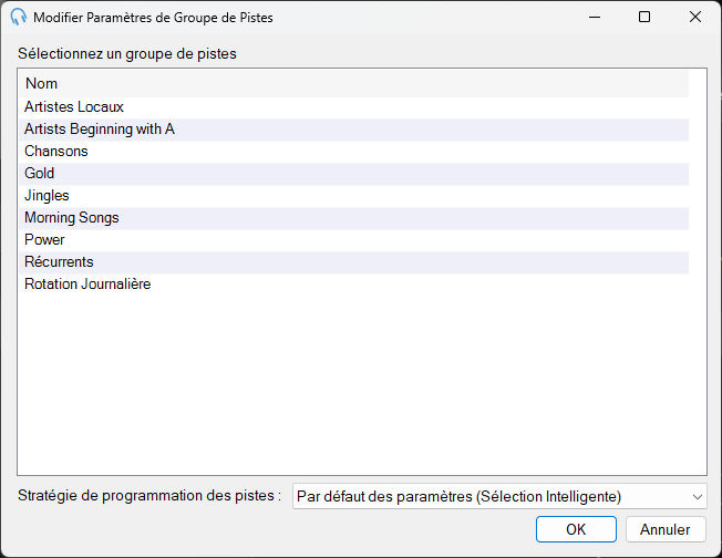Fenêtre Modifier les paramètres du groupe de pistes