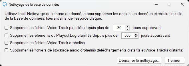 Fenêtre Nettoyage de la base de données