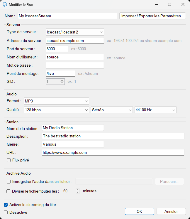 Fenêtre Modifier le Flux Internet Broadcast