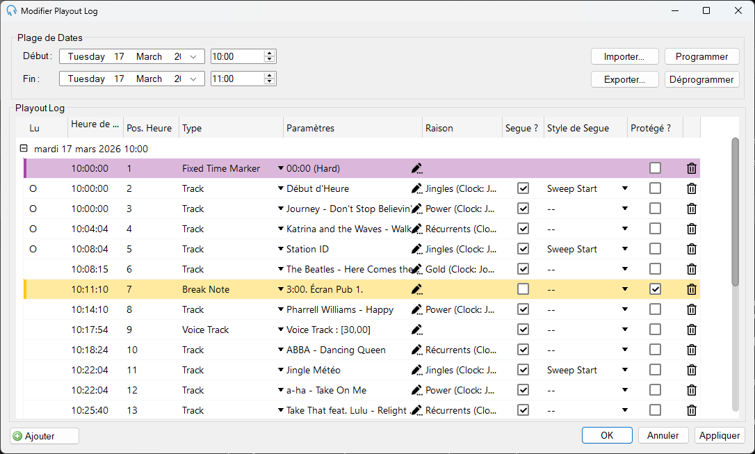 Fenêtre Modifier le Playout Log avec des éléments planifiés