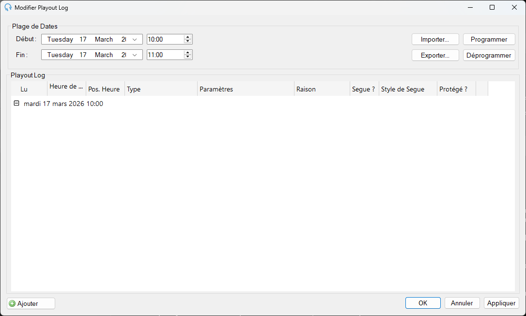 Fenêtre Modifier le Playout Log