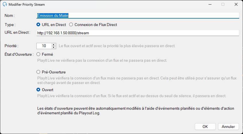 Fenêtre Modifier le Priority Stream