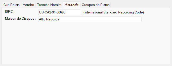 Onglet Rapports de la fenêtre Modifier la Piste