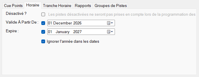 Onglet Horaire de la fenêtre Modifier la Piste
