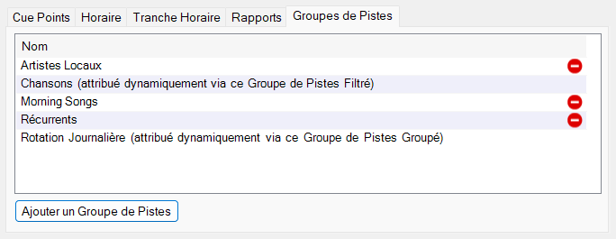 Onglet Groupes de Pistes de la fenêtre Modifier la Piste