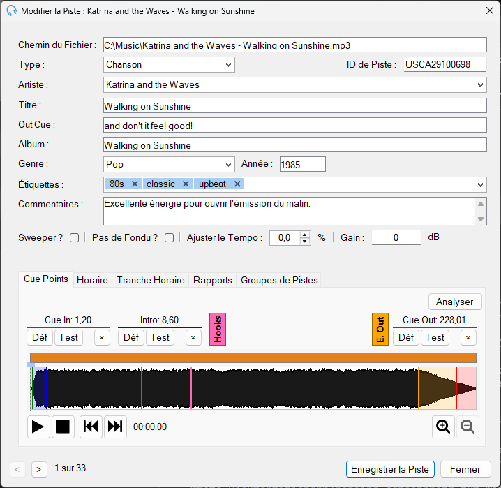 Fenêtre Modifier la Piste de PlayIt Live