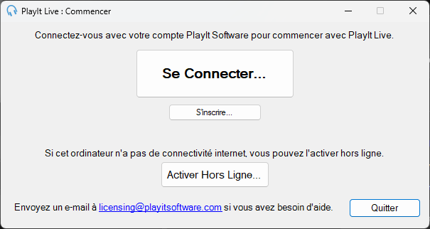 Fenêtre Commencer de PlayIt Live