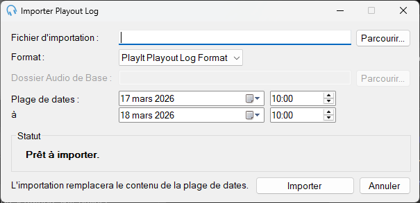 Fenêtre Importer Playout Log