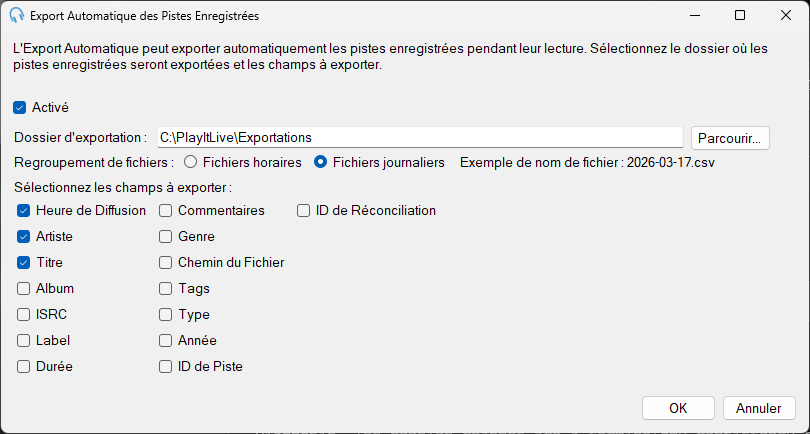 Fenêtre Export Automatique des pistes enregistrées