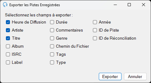 Fenêtre Exporter les pistes enregistrées