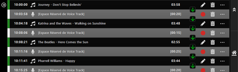 Playout Log avec des espaces réservés de voice track