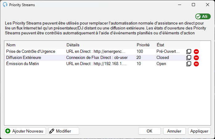 Fenêtre Gérer les Priority Streams