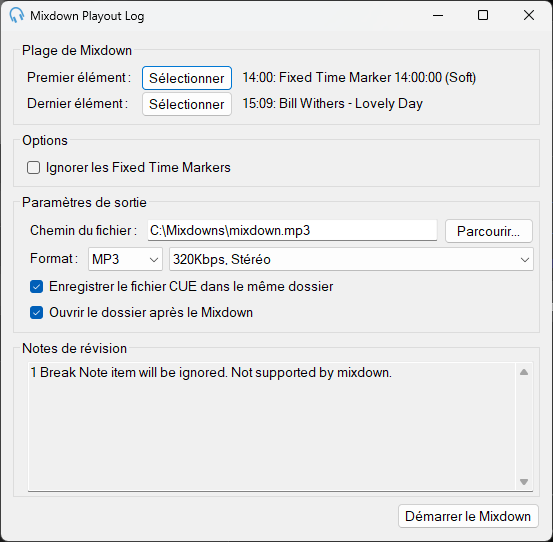 Fenêtre Mixdown Playout Log