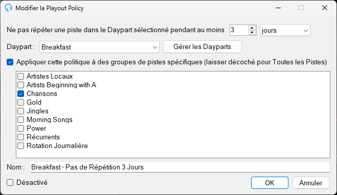 Fenêtre Modifier la Playout Policy de Séparation par Daypart