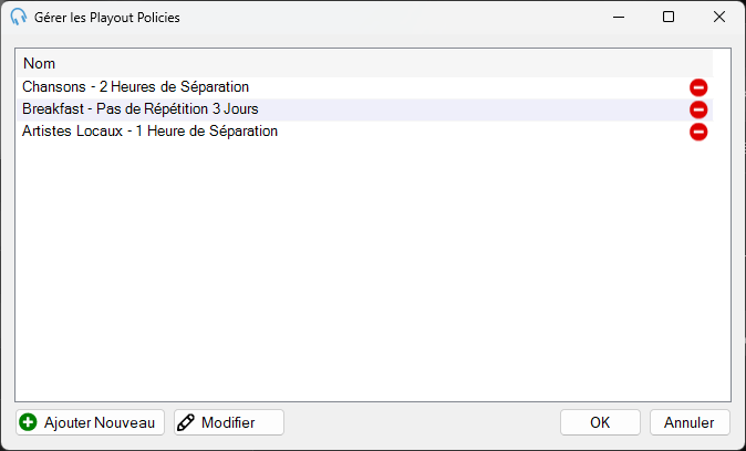 Fenêtre Gérer les Playout Policies