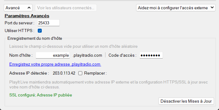 Section des paramètres avancés de la configuration du serveur d'accès à distance