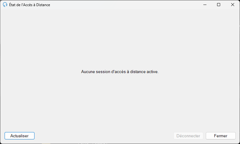 La fenêtre État de l'Accès à Distance sans session active, affichant un message à la place de la liste