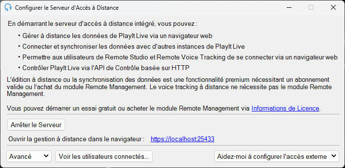 Fenêtre de configuration du serveur d'accès à distance intégré