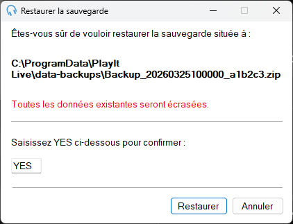 Fenêtre Restaurer la sauvegarde