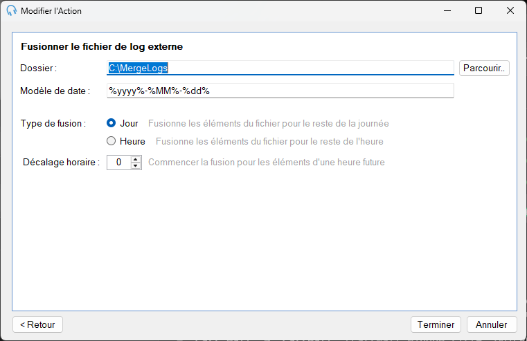 Action Fusionner le fichier de log externe