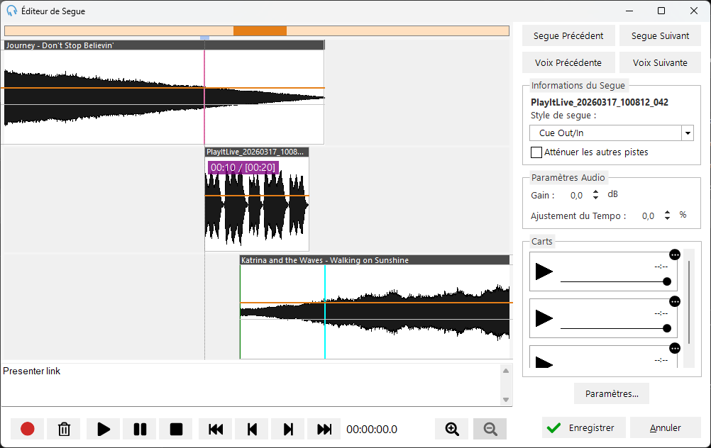 Éditeur de Segue avec un voice track enregistré, découpé