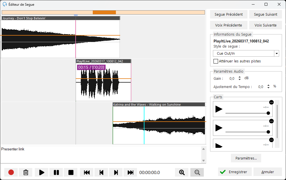Éditeur de Segue avec un voice track enregistré, non découpé