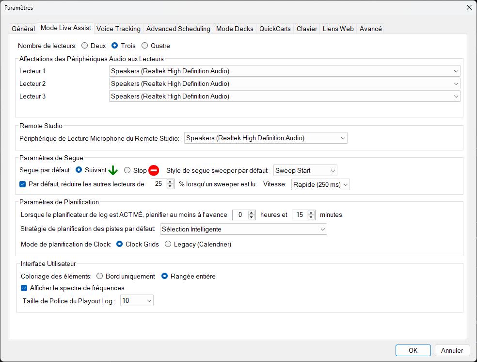 Paramètres de PlayIt Live – Onglet Mode Live-Assist