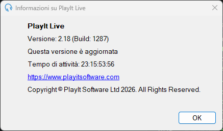 Finestra Informazioni su PlayIt Live