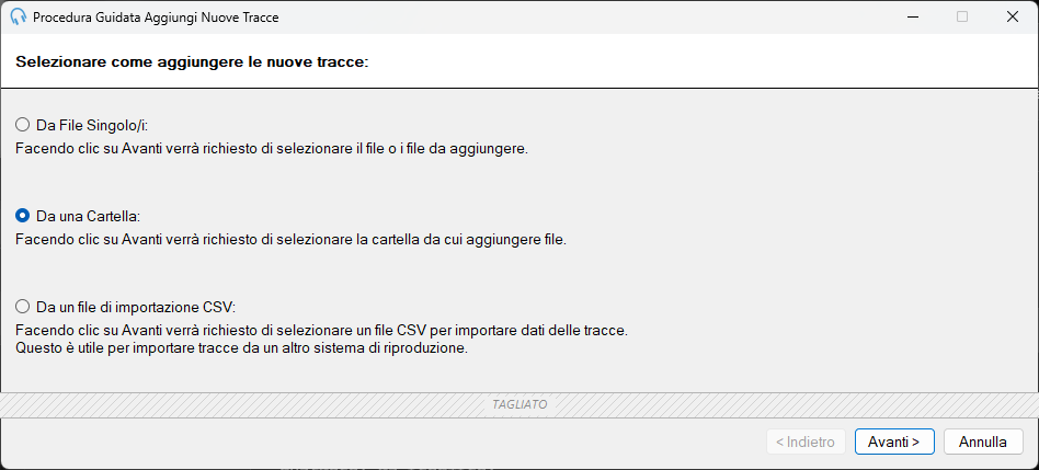 Pagina di selezione dell'origine della Procedura guidata per l'aggiunta di nuove tracce di PlayIt Live