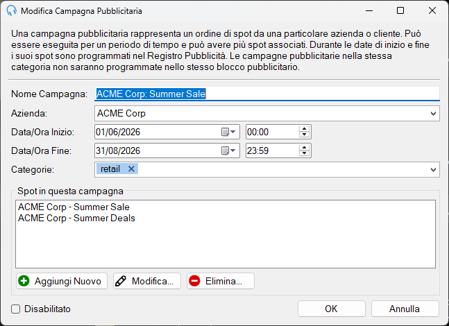 Finestra Modifica Campagna Pubblicitaria