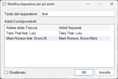 Finestra Modifica Separatore per più artisti