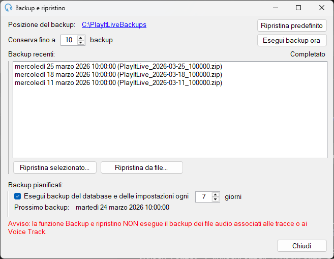 Finestra Backup e ripristino
