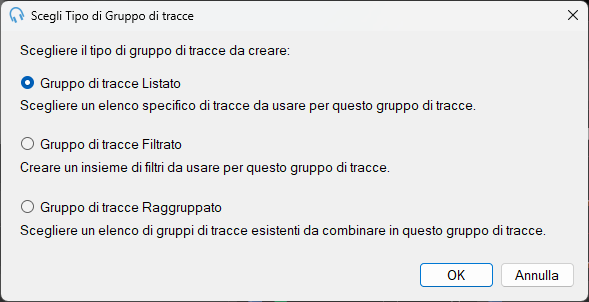 Finestra Scegli Tipo di Gruppo di tracce di PlayIt Live