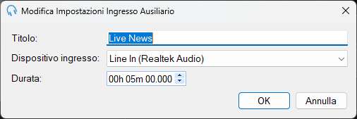 Finestra Modifica Impostazioni Ingresso Ausiliario