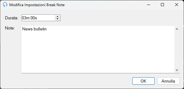 Finestra di modifica delle impostazioni di Break Note