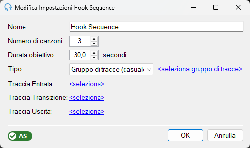 Finestra Impostazioni modifica Hook Sequence