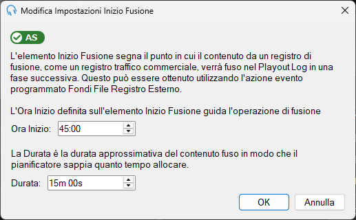 Finestra «Modifica Impostazioni Inizio Fusione»