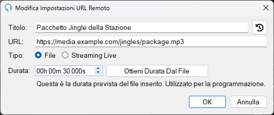 Finestra Modifica impostazioni URL remoto