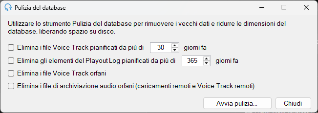 Finestra Pulizia del database
