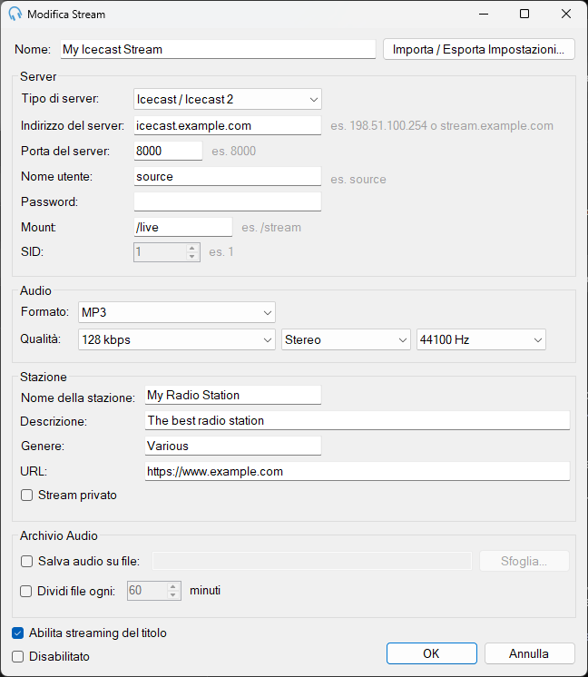 Finestra Modifica Stream Internet Broadcast