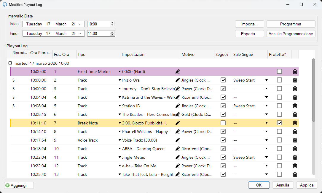 Finestra Modifica il Playout Log con elementi pianificati
