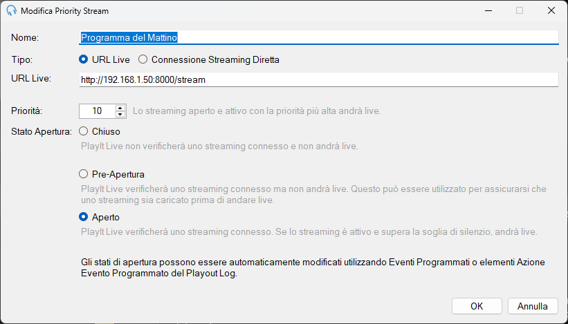 Finestra Modifica Priority Stream