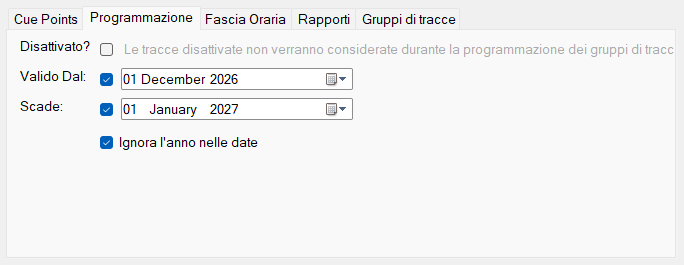 Scheda Programmazione della finestra Modifica Traccia
