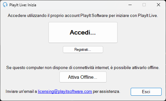 Finestra Inizia di PlayIt Live