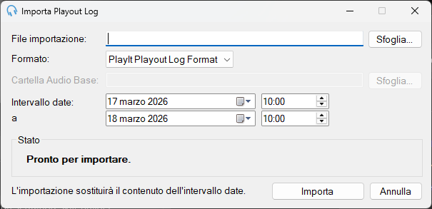 Finestra Importa Playout Log