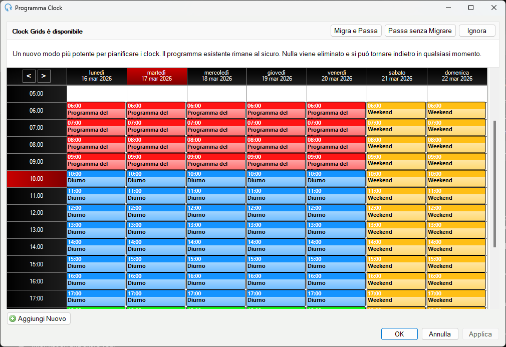 Il banner di migrazione a Clock Grids visualizzato sopra la scaletta legacy