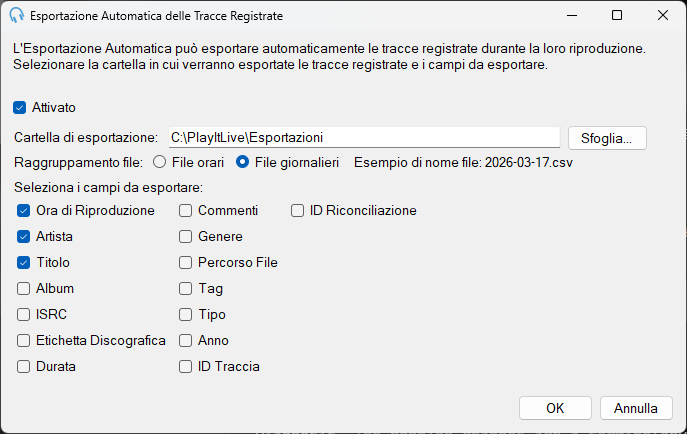 Finestra Esportazione Automatica delle tracce registrate