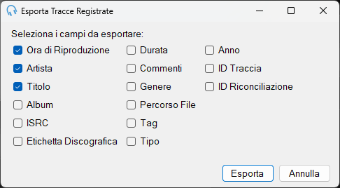 Finestra Esporta tracce registrate